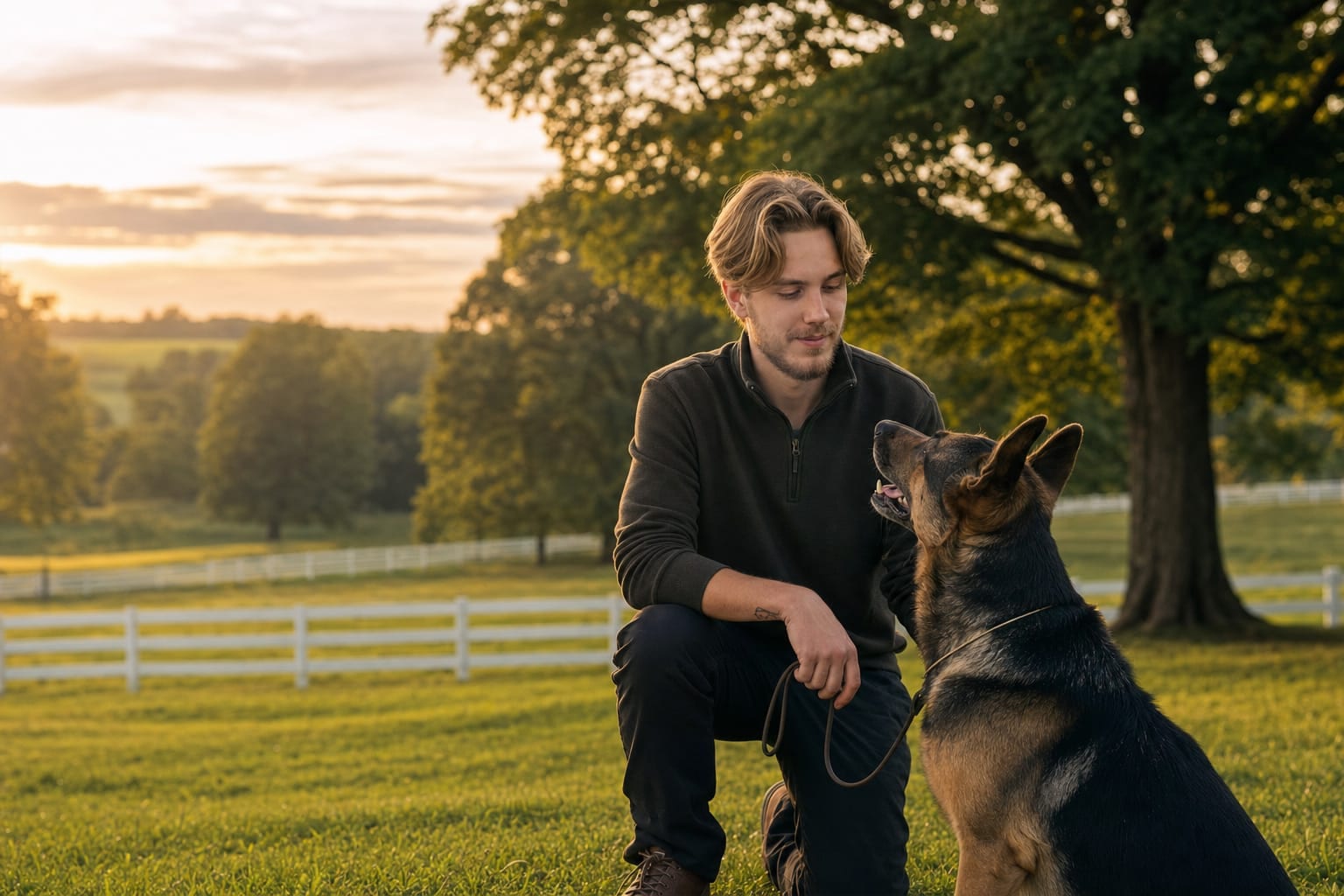 Trainer working a focused dog at the Deer Creek 23-acre resort