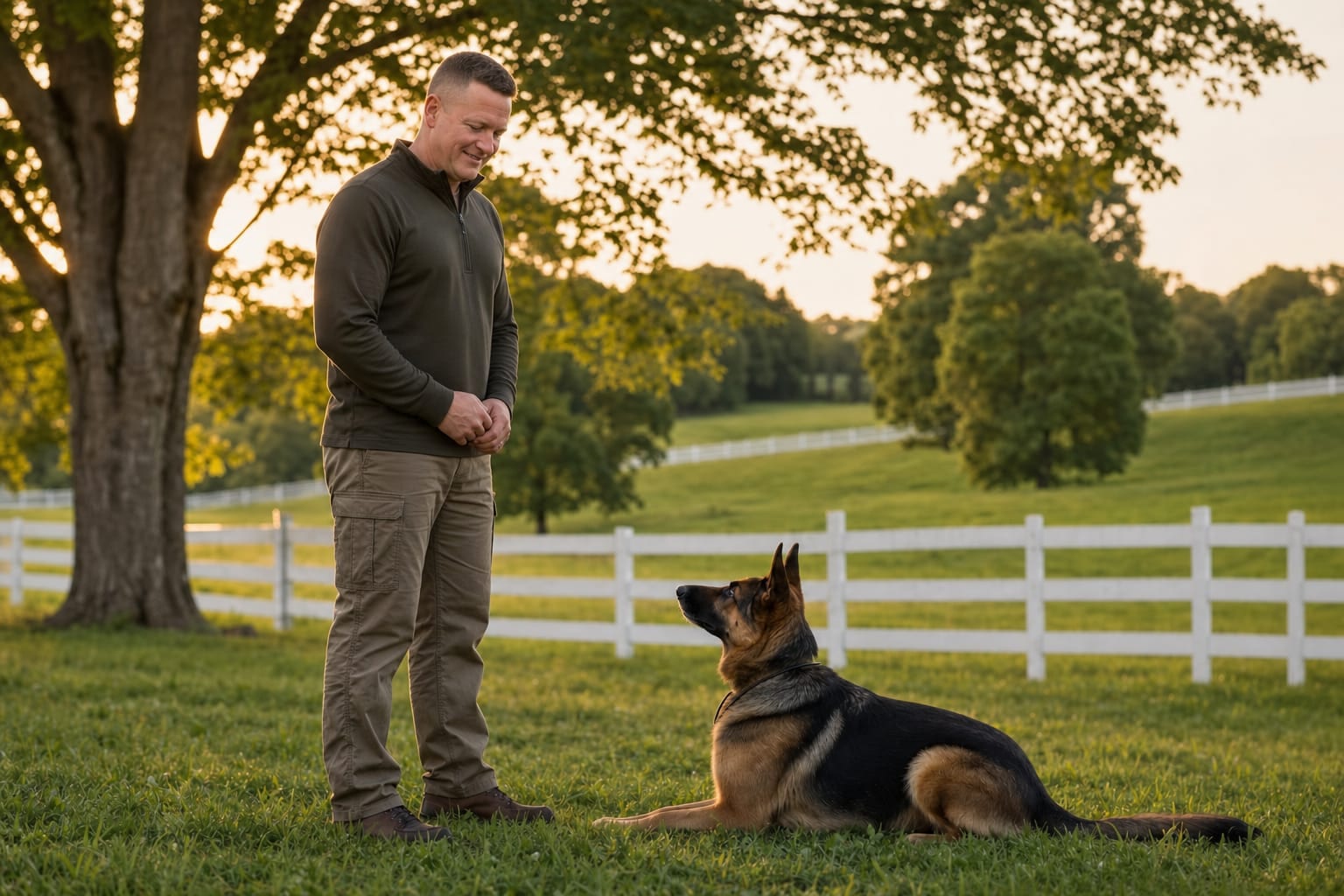 Deer Creek Canine board-and-train session in golden-hour pasture